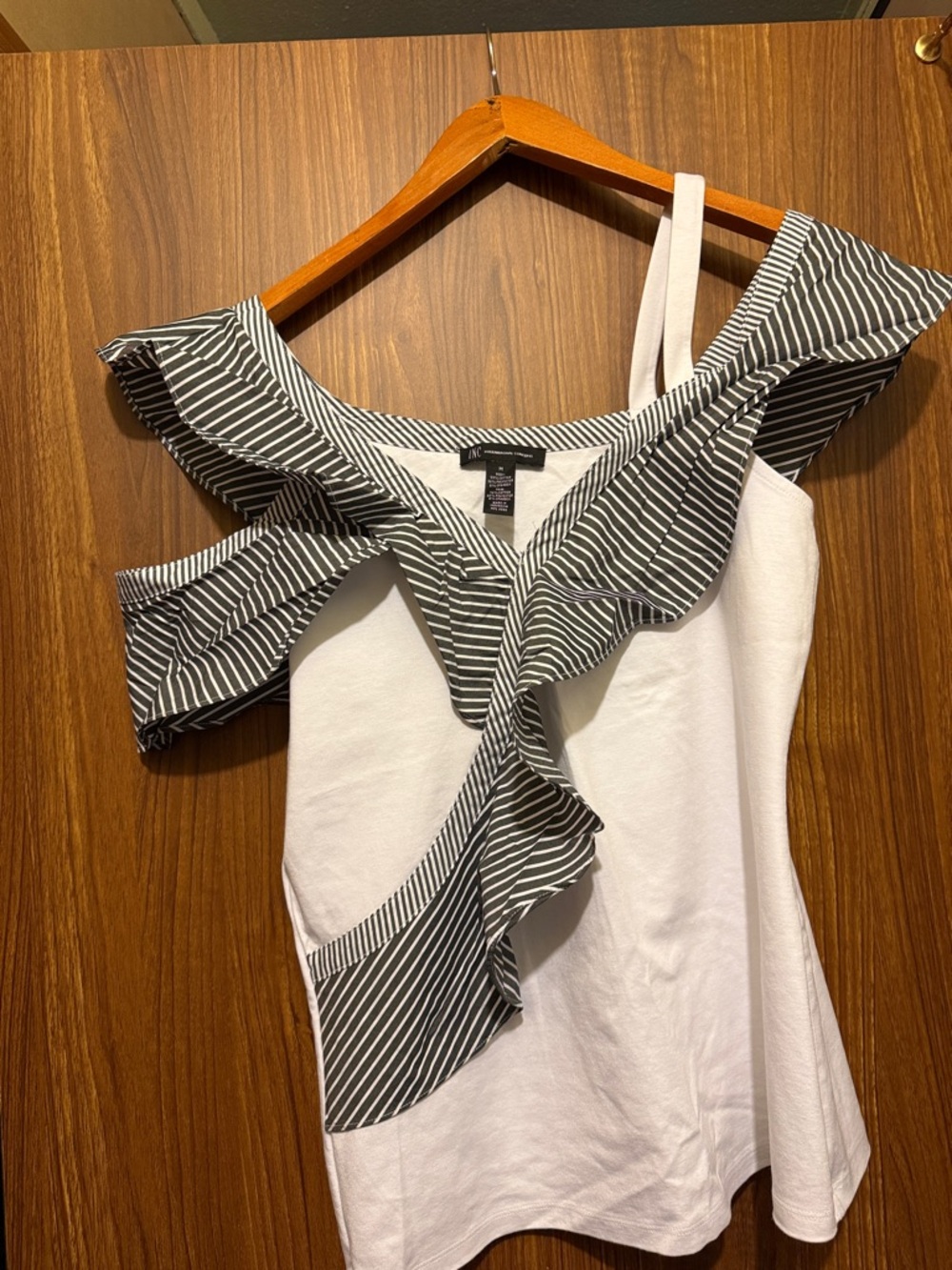 INC International Concepts White One-Shoulder Camisole with Black Striped Ruffle